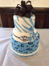 Blue Safari Baby Shower Cake With Leopard Print Zebra Print Black Bow And Giraffes Cakecentral Com