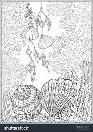Coral Fish And Sea Shells Coloring Page For Adults Shutterstock 462750493 ศ ลปะ