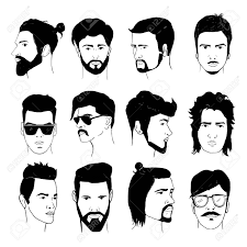 Coupe de cheveux homme printemps été 2019. Ensemble De Coiffure Homme Avec Barbe Et Moustache Collection De Style Annees 80 Annees 90 Gars De Hipster Isoles Dessines A La Main Illustration Vectorielle Retro Clip Art Libres De Droits