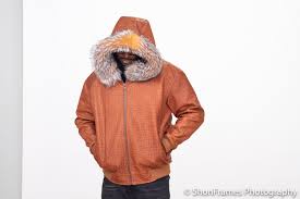 JAKEWOOD Embossed Leather Bomber Jacket With Fox Fur Trimmed Hood