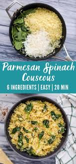 2 ounces couscous = 213 calories, 0g fat, 0g sat fat, 0 mono fat, 7g protein, 44g carbohydrates, 6mg sodium, 0mg cholesterol. This Parmesan Spinach Couscous Is A Quick And Delicious Side Dish Made With A Handful Of Pantry Staples It Can Couscous Recipes Vegetarian Main Dishes Recipes