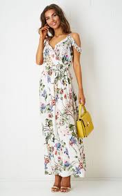 paloma off the shoulder floral maxi dress in white by love frontrow