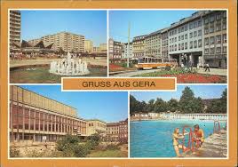 Gera, haus der kultur, blick vom „zentralen platz auf die westfassade, aufnahme nach 1981 (foto: Springbrunnen Am Cafe Rendezous Johannisstrasse Haus Der Kultur Sommerbad Gera Ansichtskarten Lexikon