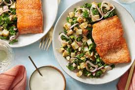 Seared Salmon Roasted Potato Salad With Pickled Mustard Seeds Creme Fraiche Sauce Recipe Creme Fraiche Sauce Roasted Potatoes Recipes
