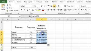 Advertisement step 6 define a fourth column in your spreadsheet and divide the values in the third column by the total number of records in your data set. Relative Frequency In Excel 2010 Youtube