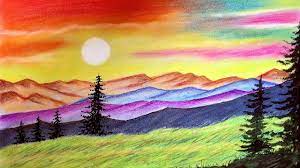 Begin drawing the mountainous islands on one side of the picture. Scenery Drawing Of Sunset Over A Mountain With Soft Pastels In Easy Step Youtube