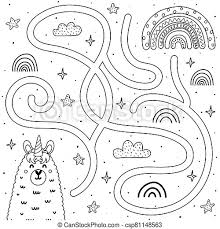 Print the pages of your choice. Help The Llamacorn Get To The Rainbow Black And White Maze Game For Kids With Cute Llama Unicorn Funny Puzzle And Coloring Canstock