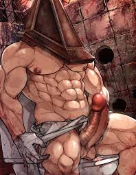 pyramid head, silent hill, highres, 1boy, abs, armor, bandages, bara,  bathroom, blood, cum, dirty, erection, glory hole, gloves, male focus,  mask, muscular, nipples, nude, pectorals, penis, sitting, solo, steam,  sweat, testicles, toilet -