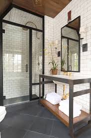 Chich Bathroom With Modern Shower Cabin And White Brick Tiles Home Gold Kitchen Hardware White Tiles