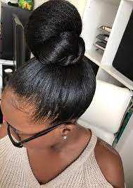 Top Knot Bun Protective Style On Relaxed Hair Relaxed Hair Beautiful Black Hair Natural Hair Styles