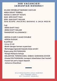 Sedang cari senarai terkini jawatan kosong di sabah? Kilang Membuat Barang Vacuum Area Dekat Terbau Kerja 12 Jam Ot Tetap 8am 8pm Shift Pagi 8pm 8am Shift Malam Job Scope Packing Barang Jaga Mesin Gaji Rm55 Shift Pagi Rm60