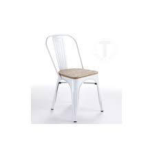 This charming chair is made of metal with a simple flat backing, a wood seat, four metal legs, and a heavily distressed white finish. Tomax Chair Metal And Wooden Seat Similar To The Tolix Chair