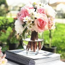 Artificial flower arrangements in vases. Enova Home Pink And Cream Artificial Rose And Mixed Flower Arrangements With Clear Glass Vase White Overstock 27545756