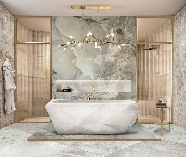 Faceted diamond-cut bathtub anchor in a luxury master suite remodel, AI generated