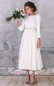Tea Length Wedding Dress With Long Sleeves Modest Tznius Wedding Dress Long Sleeve Midi Wedding Dress Long Wedding Dresses