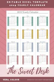 Printable Excel Yearly Calendar Template 2019 Editable Minimalist Calendar Vera Colour Excel Calendar Template Calendar Template Yearly Calendar Template
