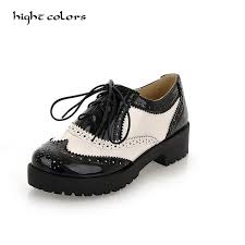 Us 29 7 45 Off Size 34 43 New 2019 Vintage Black White Round Toe Leather Oxfords Shoe Womens Ladies Lace Up Flat Platform Brogue Creepers Shoes In