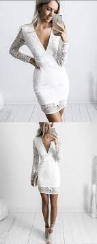 White V-neck Lace Tight Graduation Dress With Long Sleeves Homecoming Dresses Prom Dresses With Sleeves Tight Party Dresses