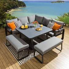 Outdoor Garden Corner Sofa Dining Set Bench Ceramic Table Black Grey Quatropi Grey Outdoor Furniture Corner Sofa Dining Set Dining Sofa