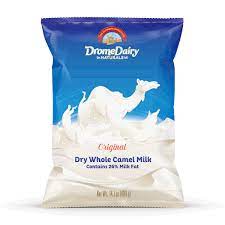 Camel milk powder in laminated aluminum pouch, packaging: Dromedairy Naturals Dromedairy International
