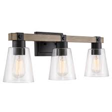 Farmhouse bathroom lighting from shades of light! Kira Home Asher 23 3 Light Farmhouse Vanity Bathroom Light Funnel Glass Shades Smoked Birch Wood Style Black Walmart Com Walmart Com