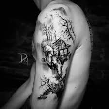 Black And White Realism Koi Tattoo Japanese Temple Tree Mountain Tattoo On Upper Sleeve By Realism Tattoo Artist Dylan C In 2020 Tree Sleeve Tattoo Asian Tattoos Temple Tattoo