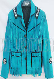 Details About New Mens Western Style Scully Tussel Blue Suede Leather Jacket Fringes Beads