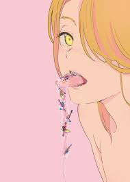 mebae, original, highres, 1girl, alternate body fluid, blonde hair,  freckles, hair over one eye, kayak, long hair, looking at viewer, open mouth,  pink background, saliva, simple background, surreal, tongue, tongue out,  yellow