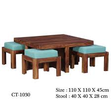 Available in beautiful fabrics and leathers, storage ottomans or benches help you neatly stash away blankets, remotes, and games, and keep surfaces clear of clutter. Modern Sheesham Wood Coffee Table Set With Four Stools Size 42 X 42 X 18 In Id 21484418433
