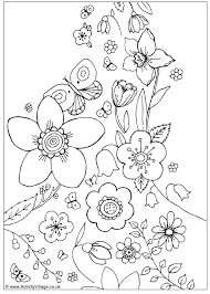 Spring background, summer flower landscape with grass, trees, meadow, sakura blossom, green bushes, hills. Flower Patterns Spring Coloring Pages Printable Flower Coloring Pages Flower Coloring Sheets
