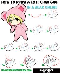Learn How To Draw A Cute Chibi Girl Dressed In A Hooded Bear Onesie Costume With Easy Steps Drawing Lesson For Kids How To Draw Step By Step Drawing Tutorials