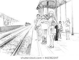 Pencil Drawing Of A Railway Station With Passengers Waiting Train Train Drawing Railway Station Landscape Drawings