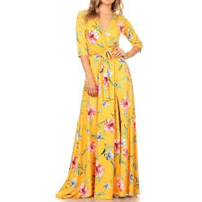 Yellow Floral Faux Wrap Boho Jersey Maxi Dress