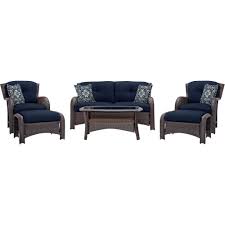 Outdoor 6 Piece Resin Wicker Patio Furniture Lounge Set With Navy Blue Seat Cushions Fastfurnishings Com