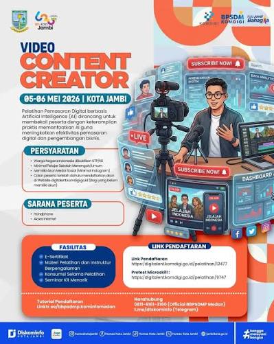 Saatnya jadi content creator yang kreatif dan adaptif di era digital! 🎥✨  Ikuti Pelatihan Video Content Creator berbasis AI untuk mengasah skill  produksi konten, meningkatkan engagement, dan mengembangkan peluang di  dunia digital.