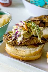 Jerk Chicken Sandwiches With Mango Chipotle Coleslaw Recipe Grilled Jerk Chicken Grilled Chicken Sandwiches Chicken Sandwich