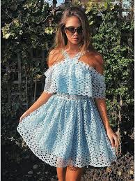 A Line Cross Neck Knee Length Light Blue Lace Homecoming Dress 114 99 Only Romprom Com