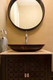 powder room vanity, mirror and vessel