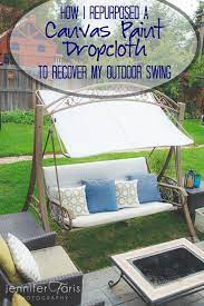 An easy, diy canopy for very little money. How I Recovered My Outdoor Swing With A Canvas Paint Drop Cloth Outdoor Swing Cushions Outdoor Swing Outdoor Patio Swing