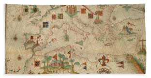 Antique Maps Old Cartographic Maps Antique Map Of The Nautical Chart Of Mediterranean Area Beach Towel