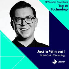 PRWeek UK has named Justin Westcott, Global Chair of Technology, Edelman,  as Number 1 in the 2024 Power Book Top 10 Technology voices.