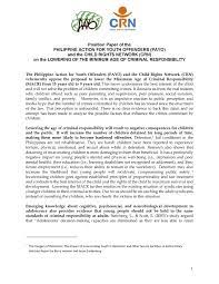 Position Paper Of The Philippine Action For Youth Offenders Payo And The Child Rights Network Crn On Lowering Of The Minimum Age Of Criminal Responsibility Child Rights Coalition Asia
