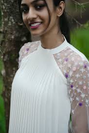 Off-white georgette partywear A-line kurti with collar neck and heavy handworked net sleeves MBS-268 LARGE