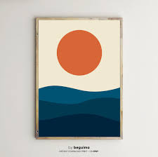 Sunset Sea Prints Ocean Geometric Landscape Printable Wall Art Orange Sun Sunrise Poster Home Decor Waves Illustration Wavy Digital Download Printable Wall Art Art Prints