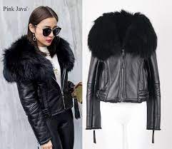 Holiday Season Sale Pink Java Qc5032 Natural Raccoon Fur Collar Genuine Leather Jacket Shearling Coat Winter Outfits Women Leather Jacket Girl Winter Outfits