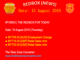 Forex The Redbox For Today Date 15 August 2019 Thursday Myt09 30 Aud Employment Change Myt16 30 Gbp Retail Sal Time Zone Converter Redbox Forex