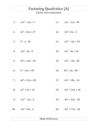New 2014 11 07 Factoring Quadratic Expressions With A Coefficients Between 4 And 4 A Plus Five Other O Algebra Worksheets Factoring Quadratics Quadratics