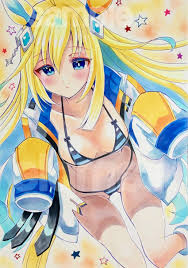 mupo, neo universe (umamusume), umamusume, highres, traditional media,  1girl, animal ears, bikini, blonde hair, breasts, collarbone, hair between  eyes, hair ornament, horse ears, horse girl, horse tail, jacket, long  sleeves, looking at