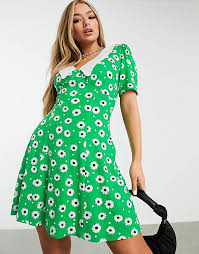 A seamless watercolor pattern with the green and violet leaves on the branches. Asos Design Mini Tea Dress With Collar Detail In Bright Green Floral Asos