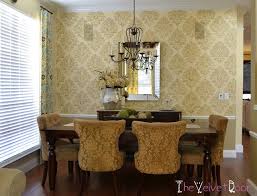 This dining room makeover is to die for! Monday Makeover A Heritage Grill Stenciled Living Room Stencil Dining Room Updates Dining Room Makeover Damask Stencil